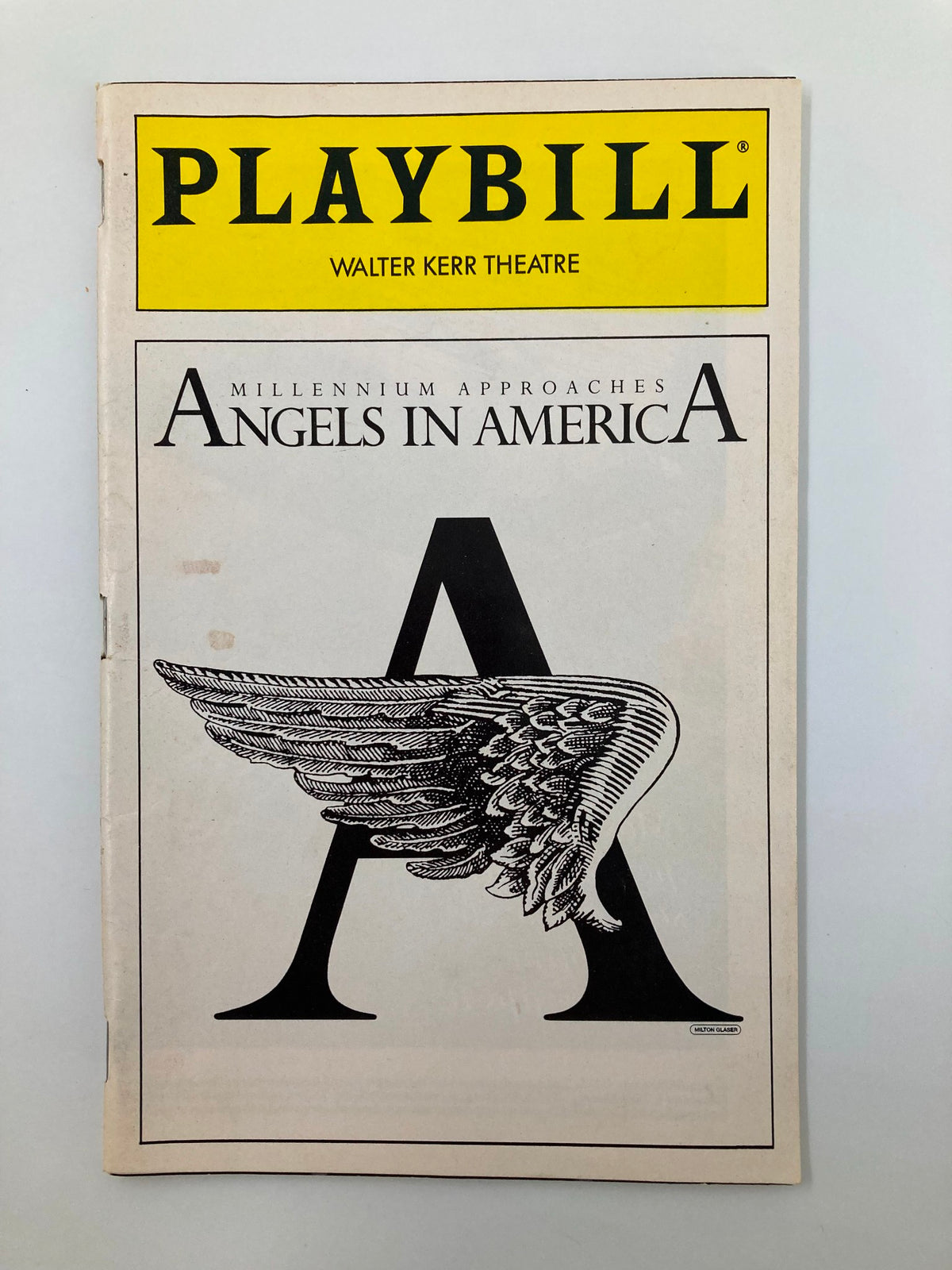 1994 Playbill from Walter Kerr Theatre for "Angels in America" featuring the iconic winged 'A' design, showcasing the play's title with artistic flair.