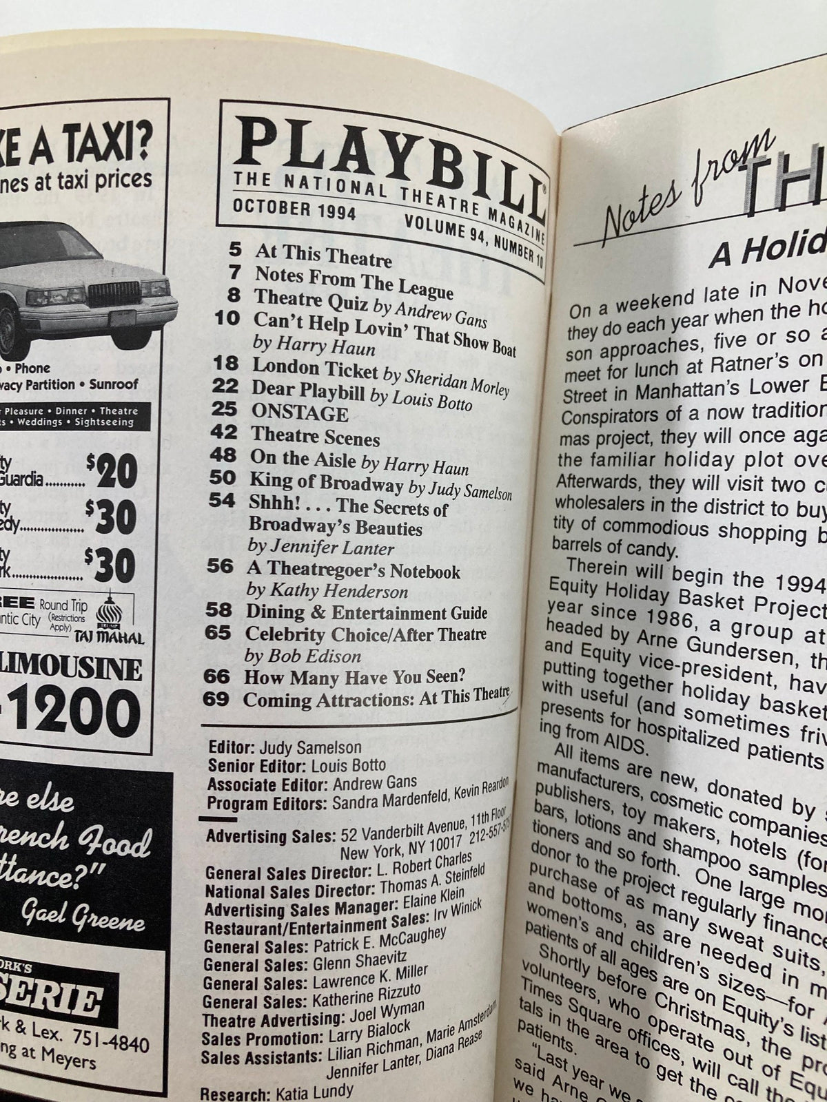 Interior page of the 1994 Playbill for Angels in America at Walter Kerr Theatre, showcasing a list of shows and notes for October 1994.