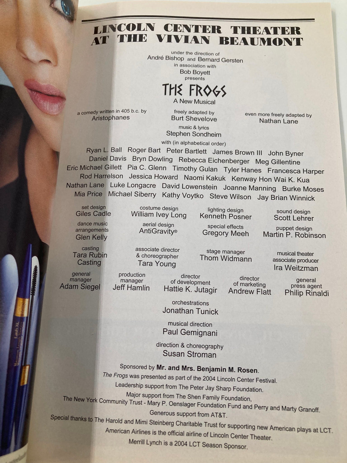 2004 Playbill The Frogs highlighting the cast and crew details for the Lincoln Center Theater production at the Vivian Beaumont Theater.