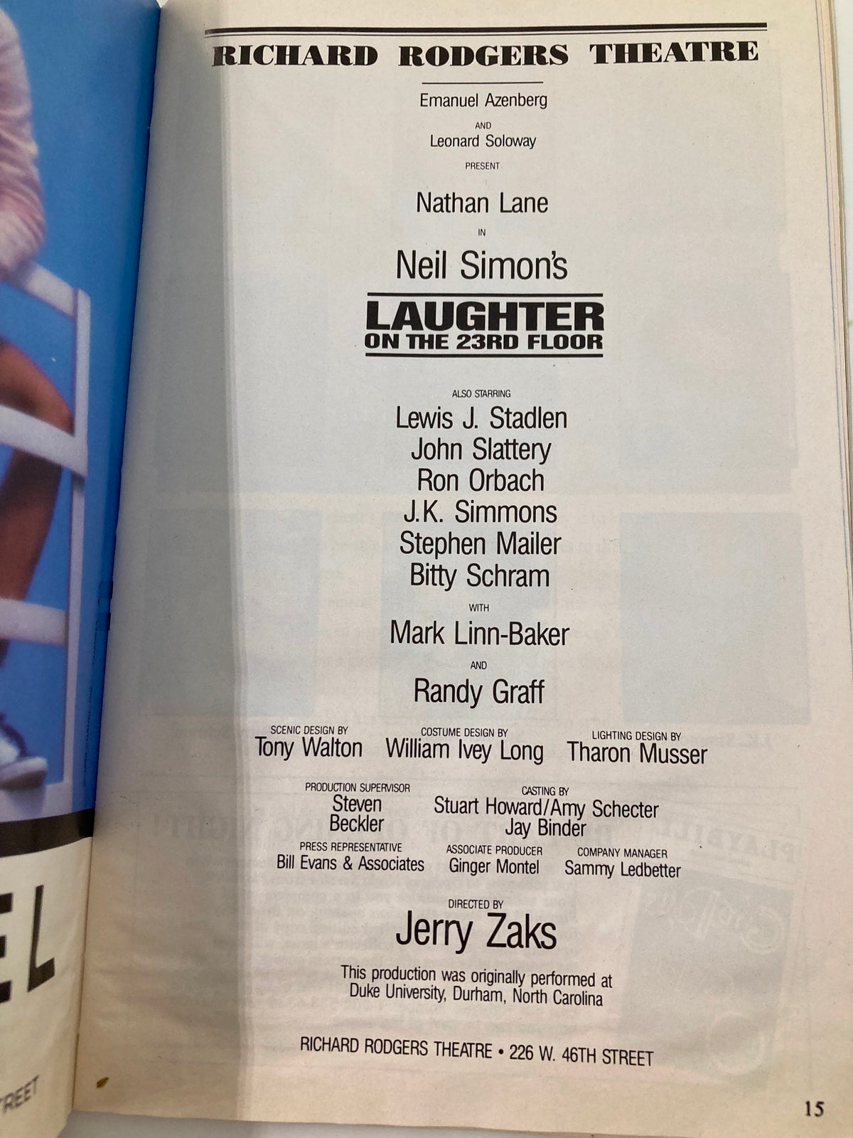 Inside page of the 1994 Playbill for Laughter On The 23rd Floor, detailing the cast and production team at Richard Rodgers Theatre.