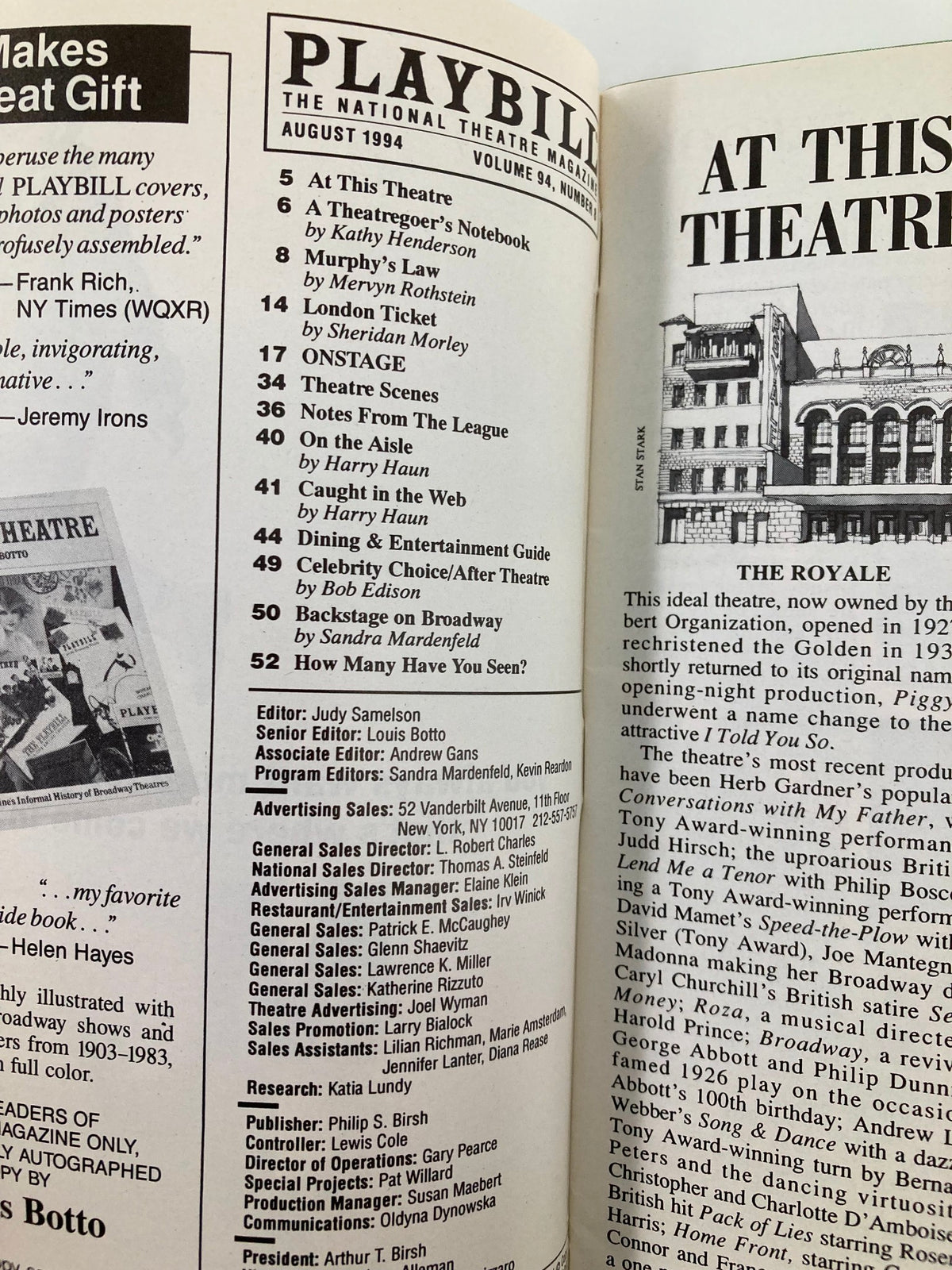 Interior of the 1994 Playbill for 'An Inspector Calls' at the Royale Theatre, displaying the August 1994 contents page and listings of various theatre productions.