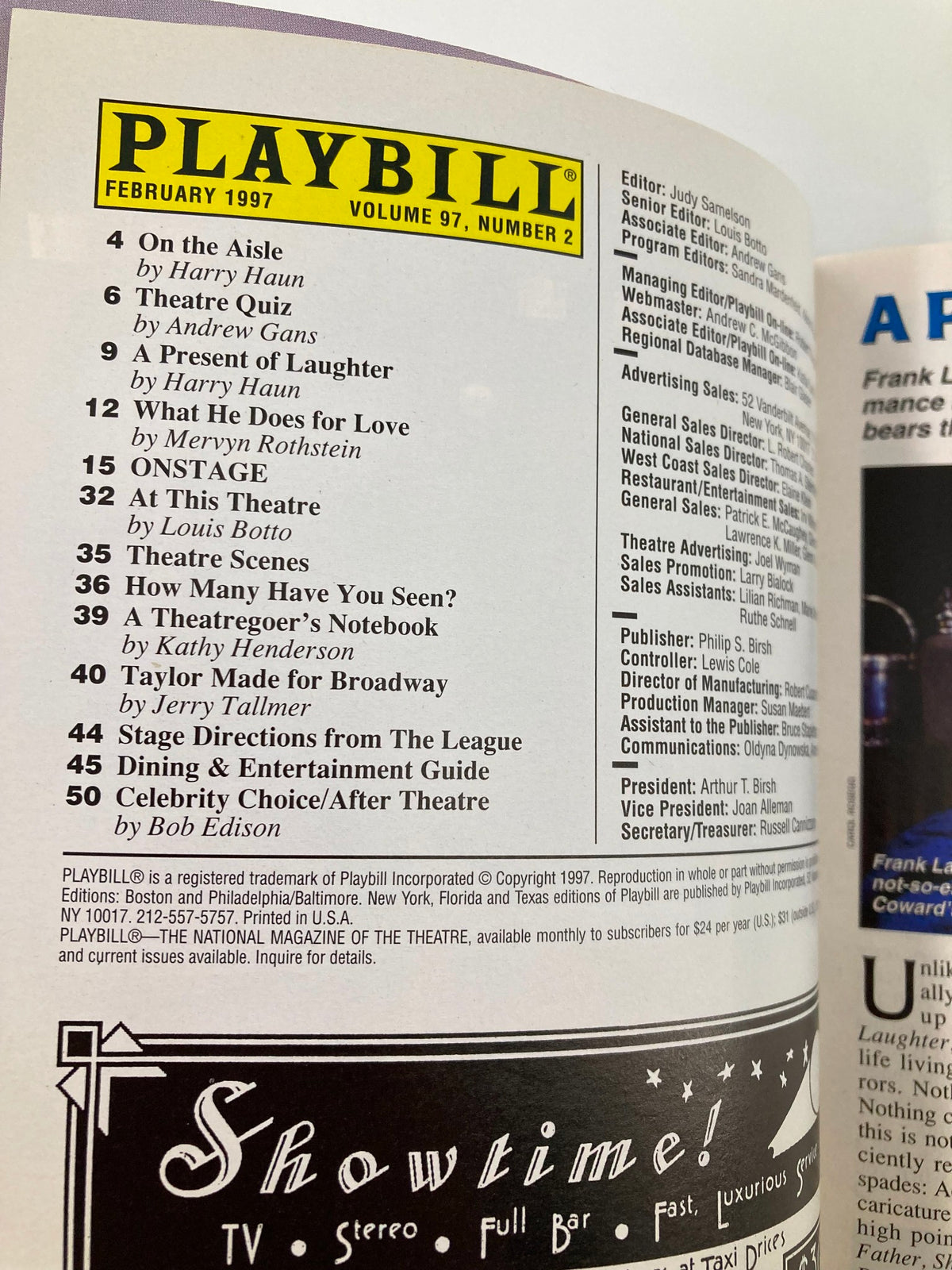 Interior page of the 1997 Playbill for The King and I showcasing various theatre-related articles and features.