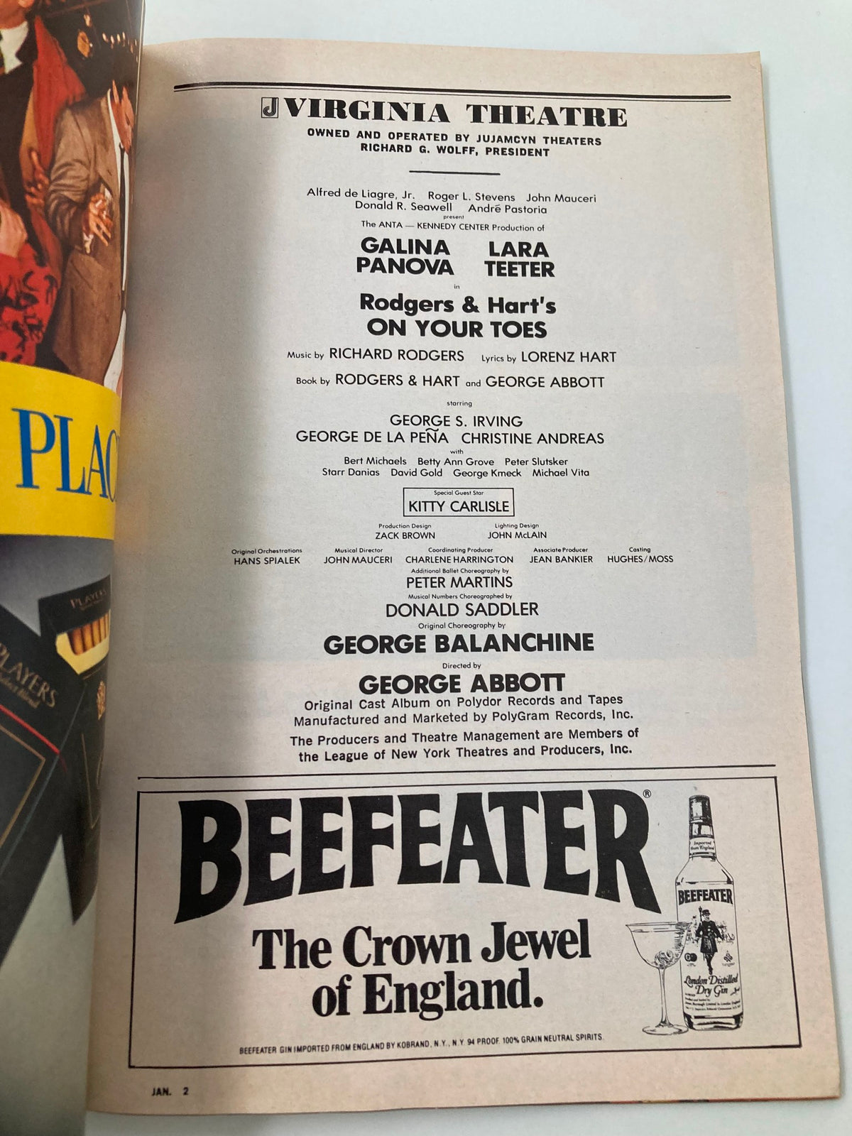 Credits page of the 1984 Playbill Virginia Theatre On Your Toes highlighting Galina Panova and Lara Teeter as key performers.