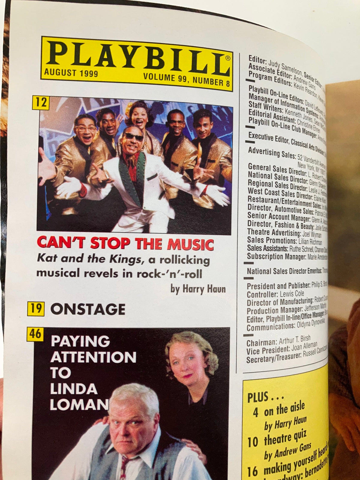 Inside spread of the 1999 Playbill for The Weir showcasing various theater productions, including Can't Stop the Music, in the magazine's advertising section.