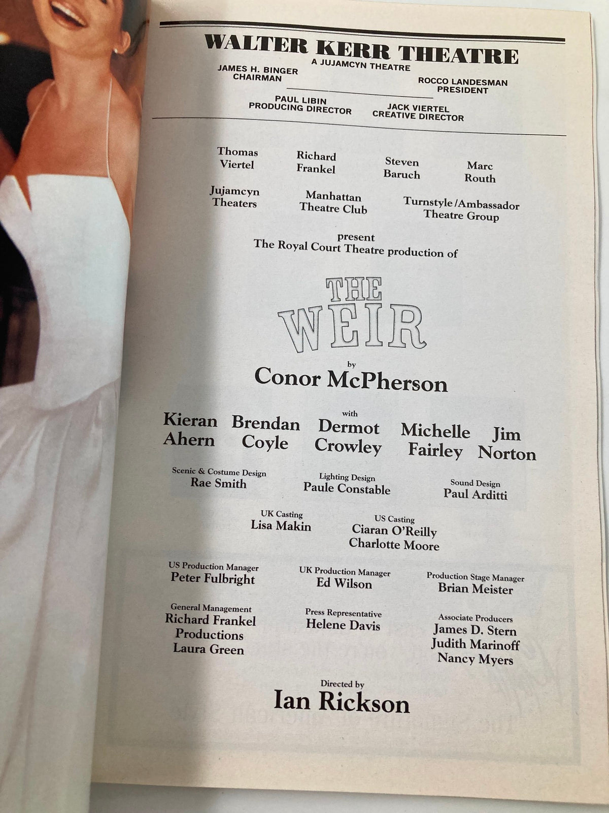 Credits page from the 1999 Playbill for The Weir, detailing the cast and crew along with director Ian Rickson's information.