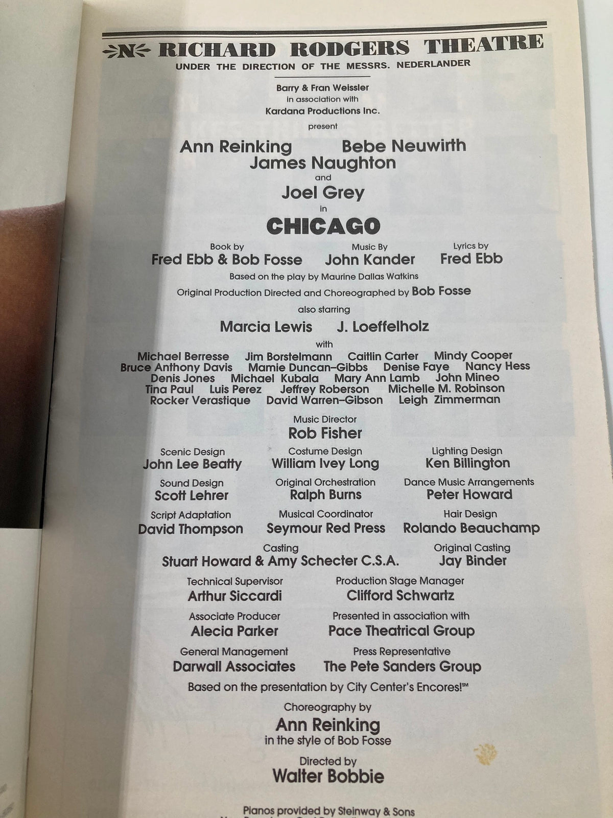 Credits page of the 1997 Playbill Richard Rodgers Theatre Chicago, listing cast members Ann Reinking, James Naughton, and other production details.