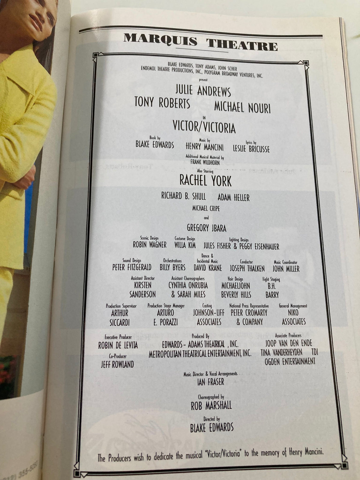 Cast list page from the 1996 Playbill for Victor Victoria at the Marquis Theatre, showcasing performers including Julie Andrews and Tony Roberts.