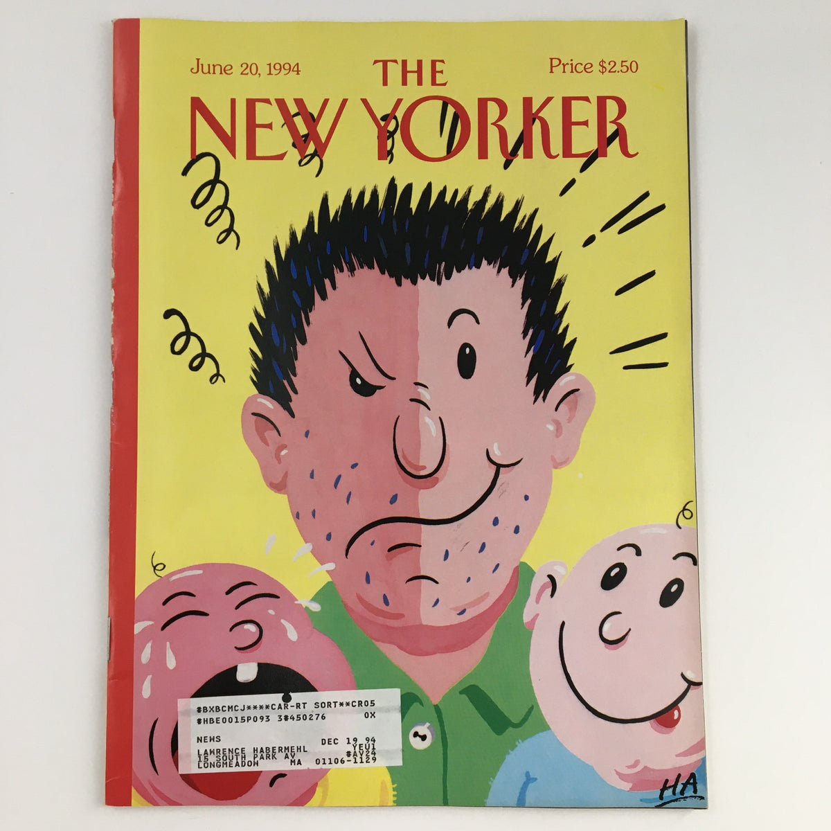 The New Yorker June 20 1994 full magazine cover by Bob 'HA' Zoell, featuring whimsical illustrations of a man with a serious expression flanked by two laughing babies, showcasing the magazine's artistic style.