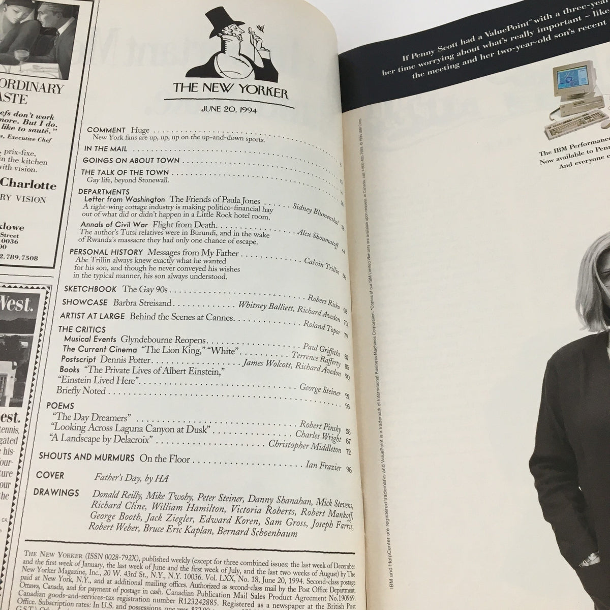 Interior page of The New Yorker June 20 1994 issue, displaying the magazine's table of contents with titles and contributors, reflecting its blend of art and literature.