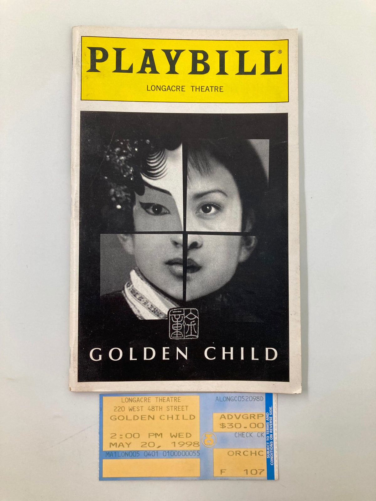1998 Playbill for Golden Child featuring artwork and cast members, including Tsai Chin, Randall Duk Kim, and Ming-Na Wen, from the Longacre Theatre.