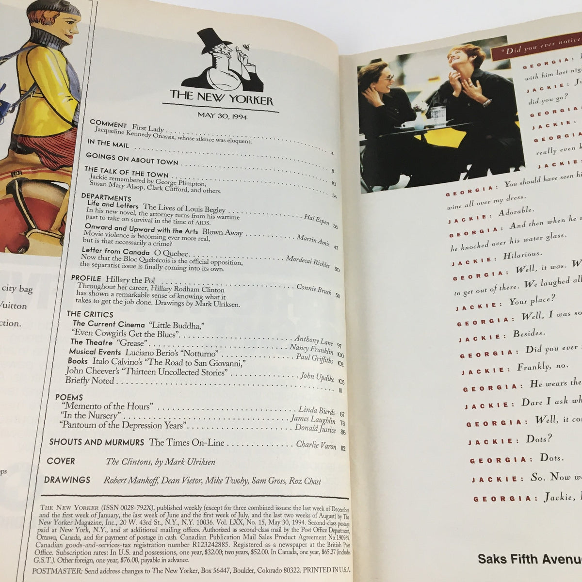 Interior page of The New Yorker May 30, 1994, displaying the table of contents and features of the magazine, highlighting various articles and contributions by notable writers.
