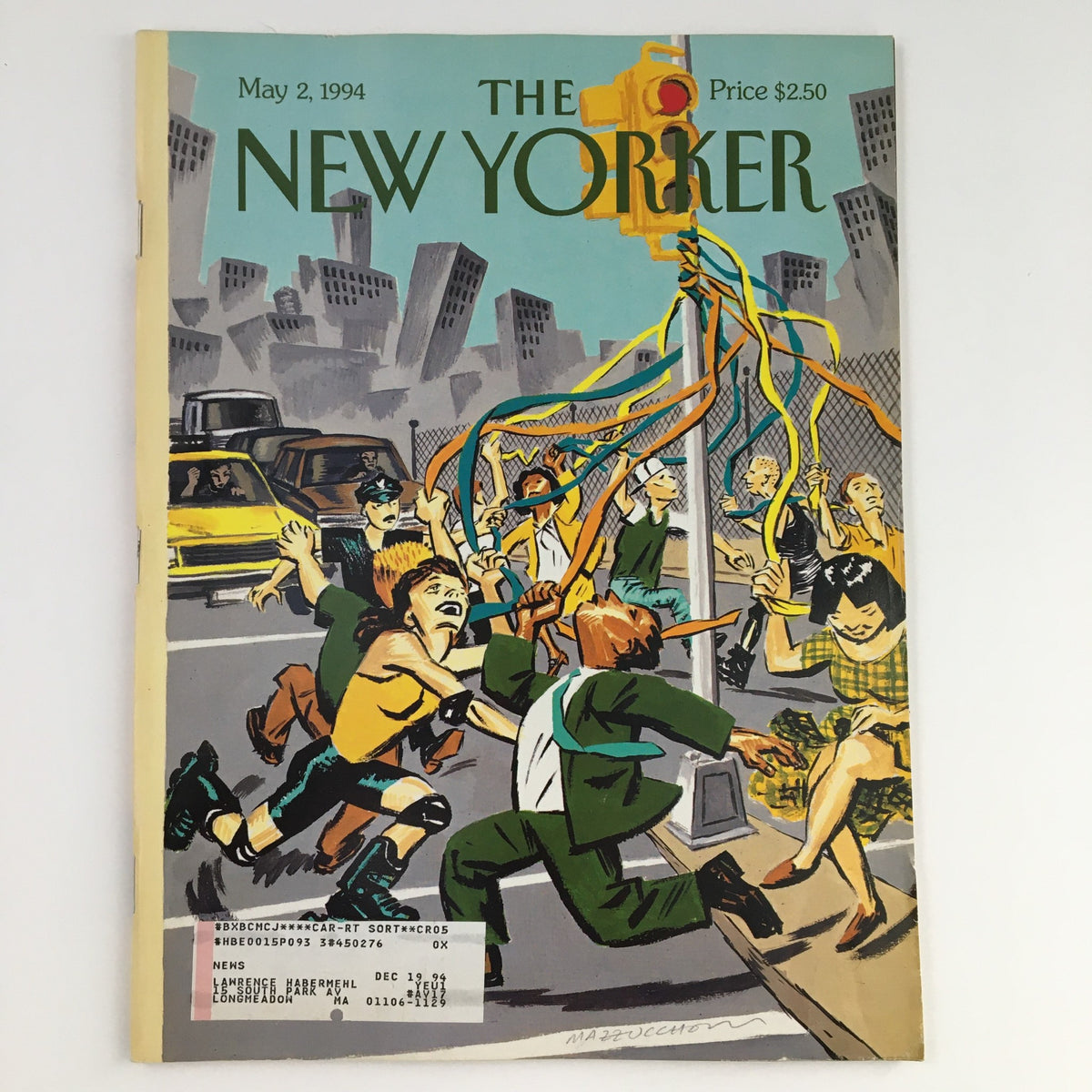 The New Yorker May 2 1994 Full Magazine Theme Cover by David Mazzucchelli featuring vibrant street scene with people and colorful ribbons.