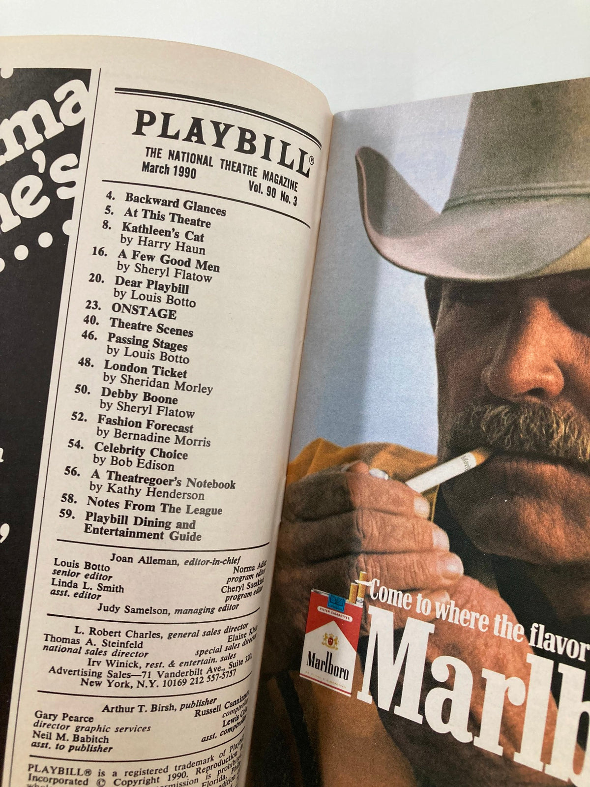 Inside view of the 1990 Playbill for 'Tru' showcasing the table of contents for the National Theatre magazine, with a focus on theatrical highlights and advertisements.