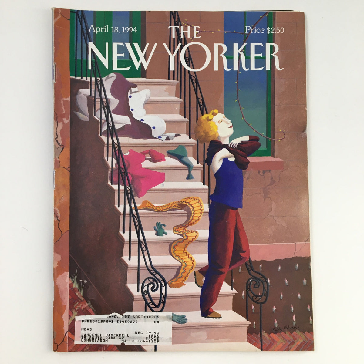 The New Yorker April 18 1994 Full Magazine Theme Cover by Kathy Osborn showcasing a whimsical staircase scene with a child playing, adorned with colorful attire, reflecting the artistic style of the era.