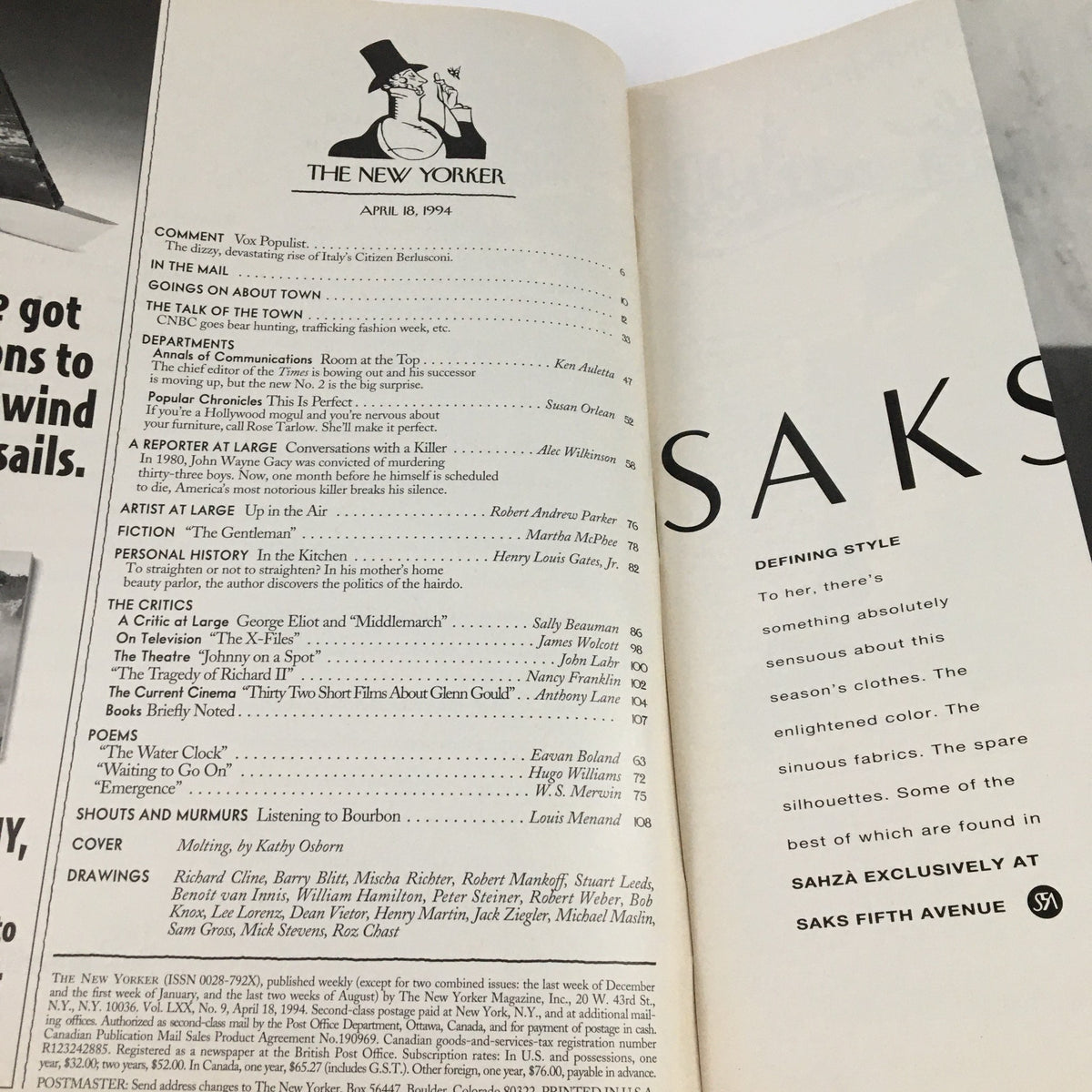 Interior page of The New Yorker April 18 1994 displaying the table of contents, featuring articles and illustrations, highlighting the diverse content and layout typical of the magazine.