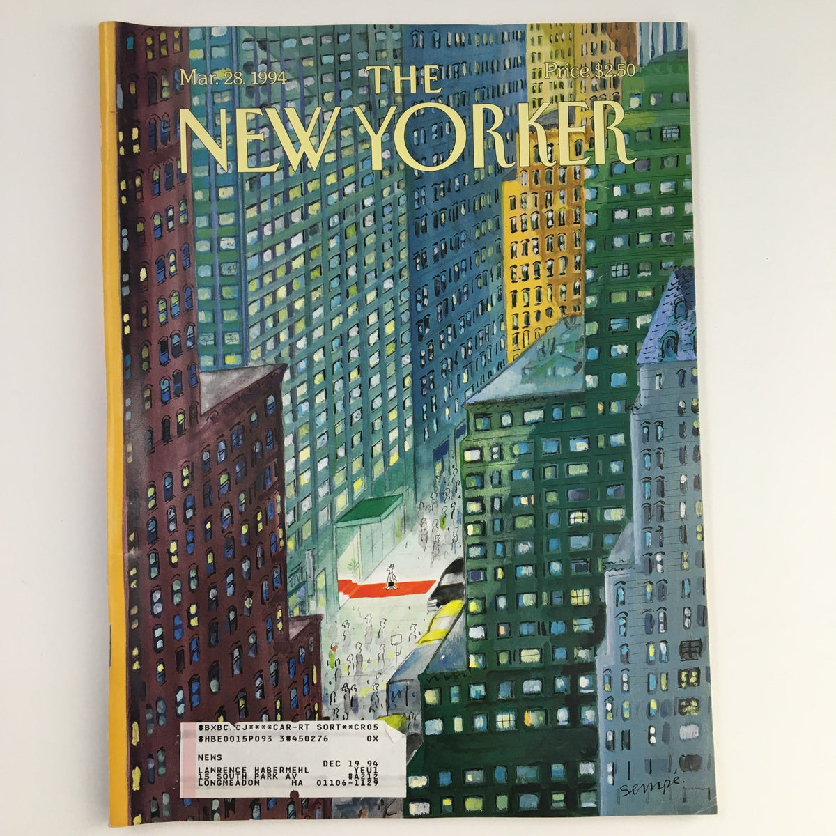 The New Yorker March 28 1994 Full Magazine Theme Cover by Jean-Jacques Sempé featuring a colorful cityscape with tall buildings and vibrant lights, showcasing the artistic flair of Sempé's work.