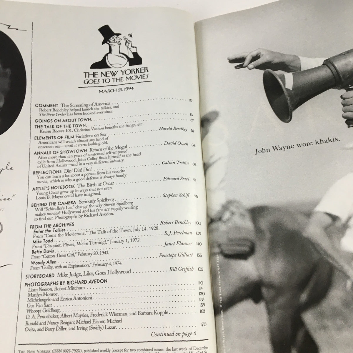 Inside spread of The New Yorker March 21 1994, featuring the table of contents showcasing articles including 'Comment', 'Goes on About Town', and 'Reflections' by Edward Sorel.