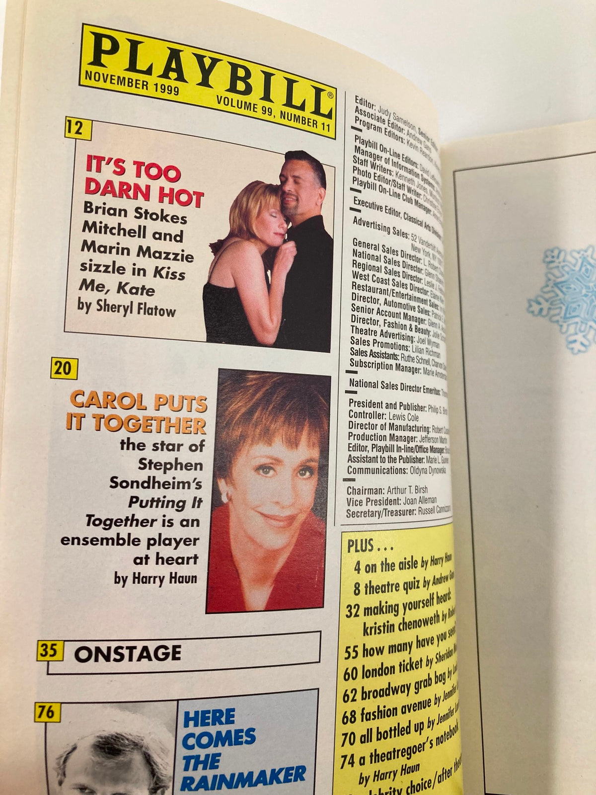 Inside page of the 1999 Playbill for Marie Christine, showcasing upcoming performances and articles related to American theater.