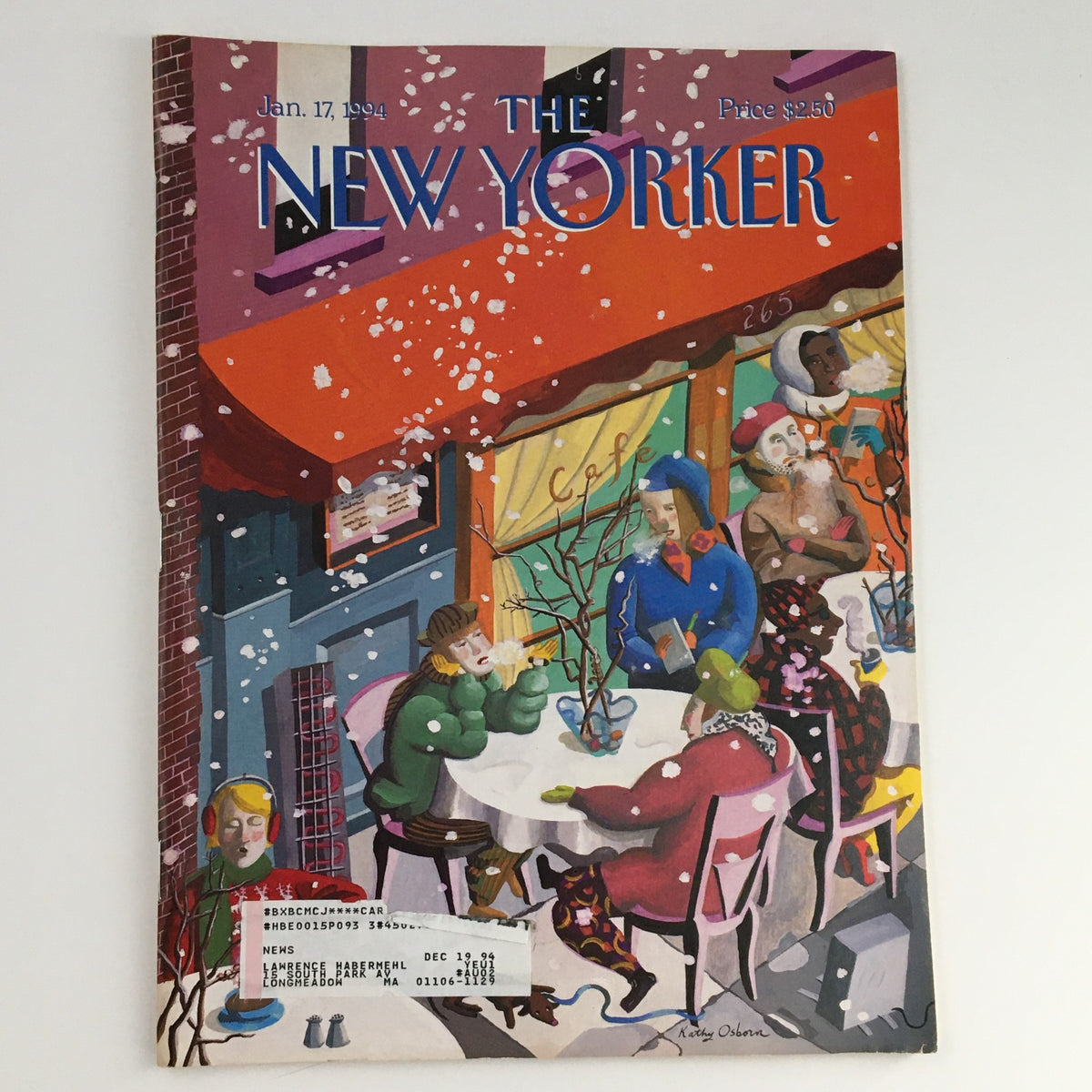 The New Yorker January 17 1994 Full Magazine Theme Cover by Kathy Osborn, featuring a colorful winter scene with patrons enjoying a café amidst falling snow, showcasing vintage art design popular in the mid-90s.