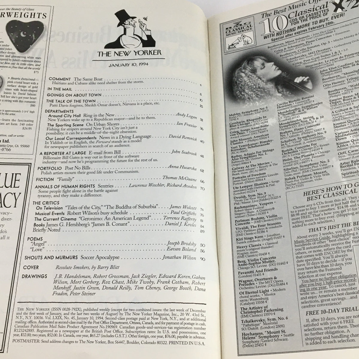 Interior page of The New Yorker January 10, 1994, displaying the table of contents and featured articles, highlighting the magazine's rich content and literary offerings.