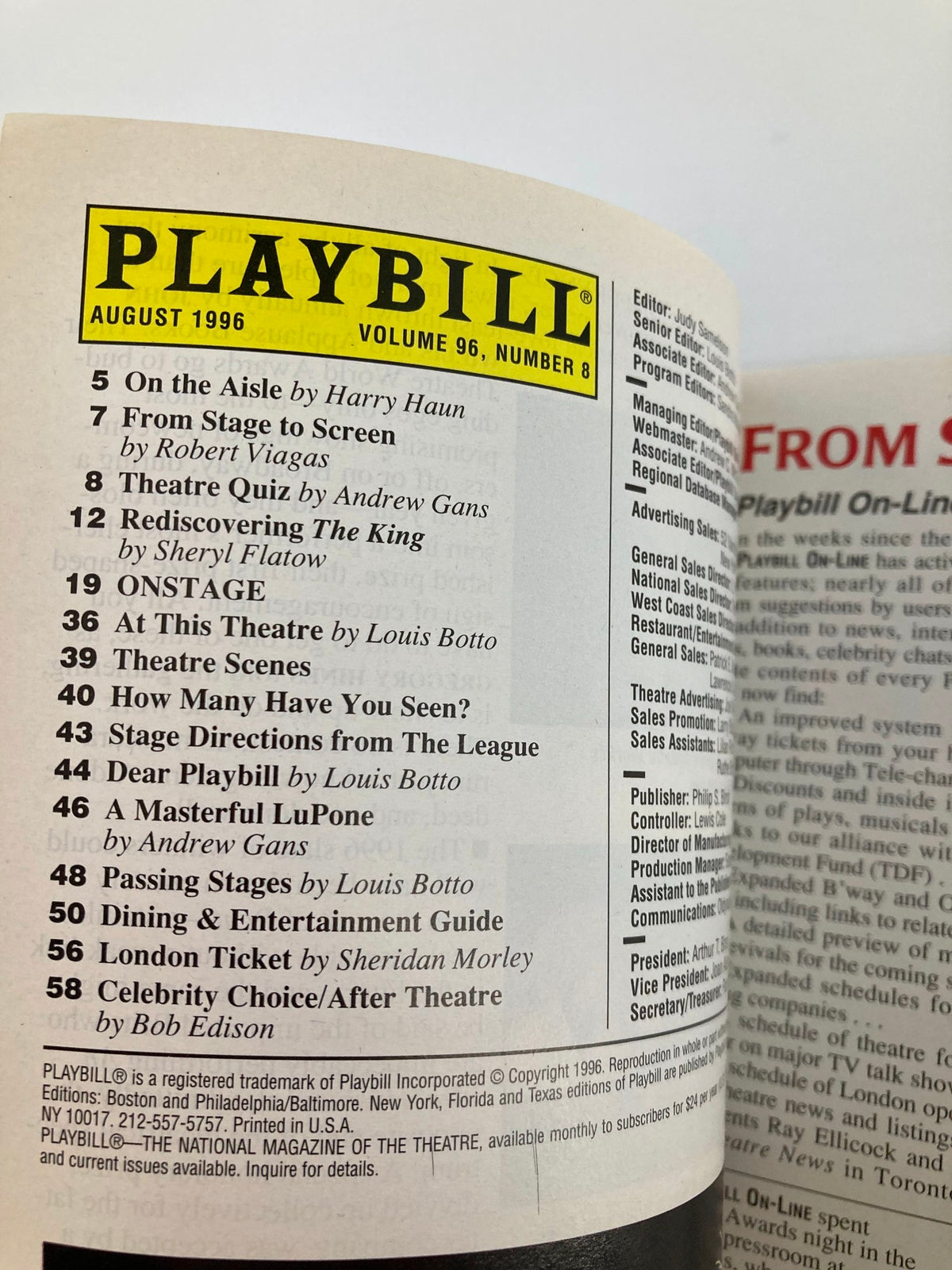 August 1996 Playbill for Les Miserables at the Imperial Theatre, highlighting articles and features within the magazine.