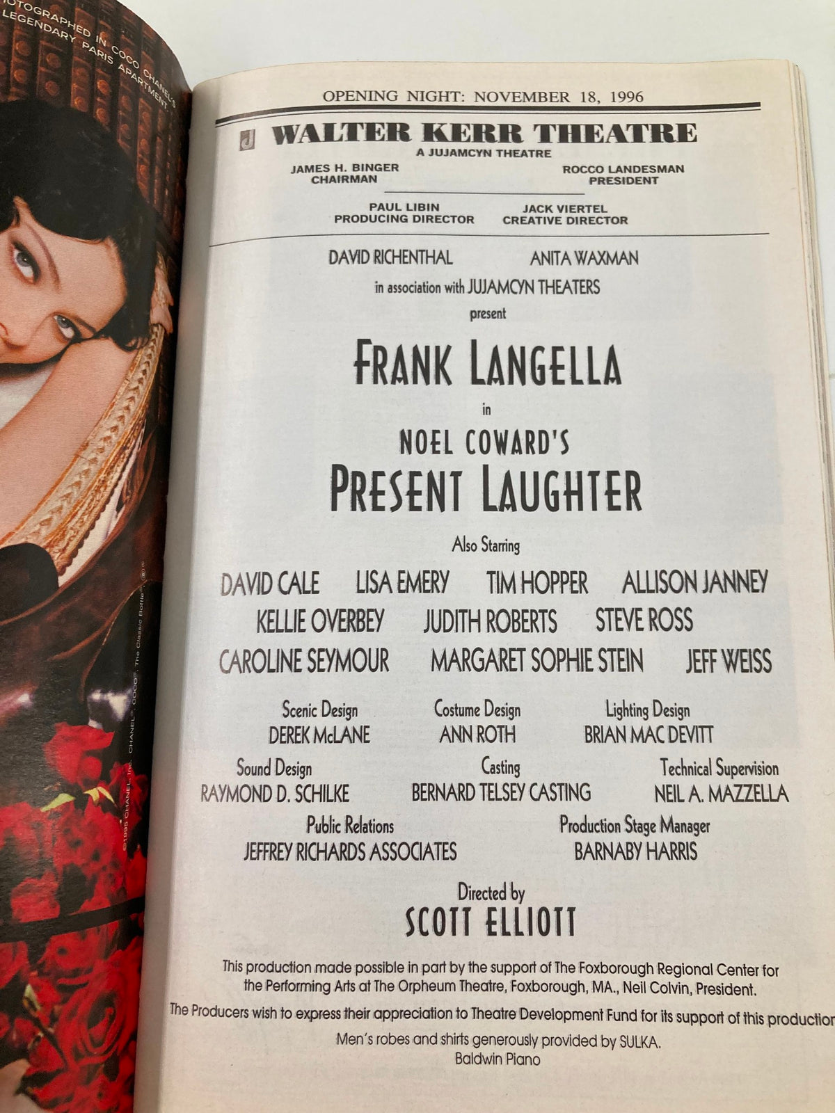1996 Playbill for the production of Present Laughter at Walter Kerr Theatre featuring Frank Langella and David Cale, showcasing cast and crew details.