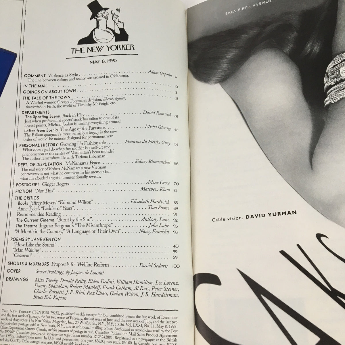Inside page of The New Yorker May 8, 1995, displaying the table of contents and featuring editorial details alongside a promotional ad, highlighting the magazine's diverse content.