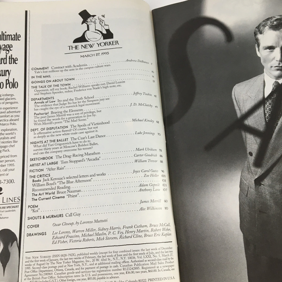 Inside page of The New Yorker March 27 1995, showcasing the table of contents and details about articles, along with an image of a male model.
