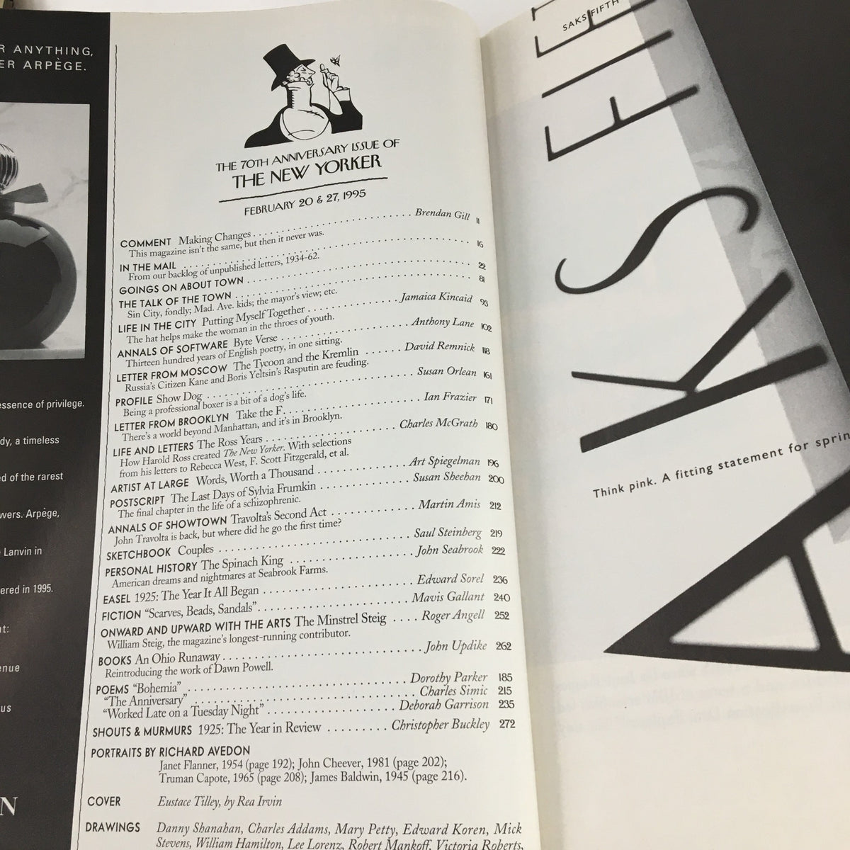 Inside page of The New Yorker February 20 1995 showing the table of contents, including articles and features, highlighting the magazine's 70th anniversary issue.
