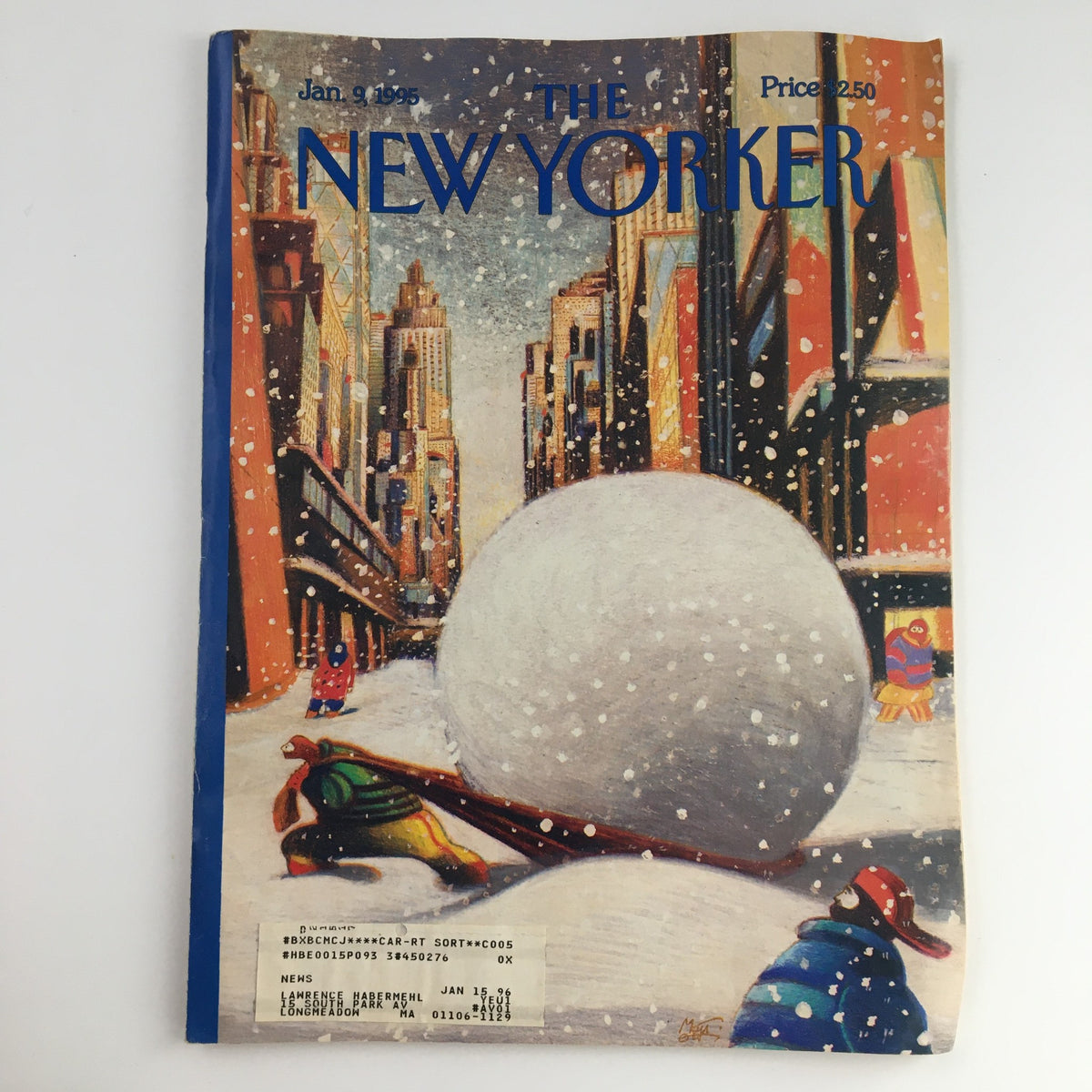 Cover of The New Yorker January 9 1995 featuring a snow scene with snowball, designed by Lorenzo Mattotti. Original magazine highlighting art and journalism.