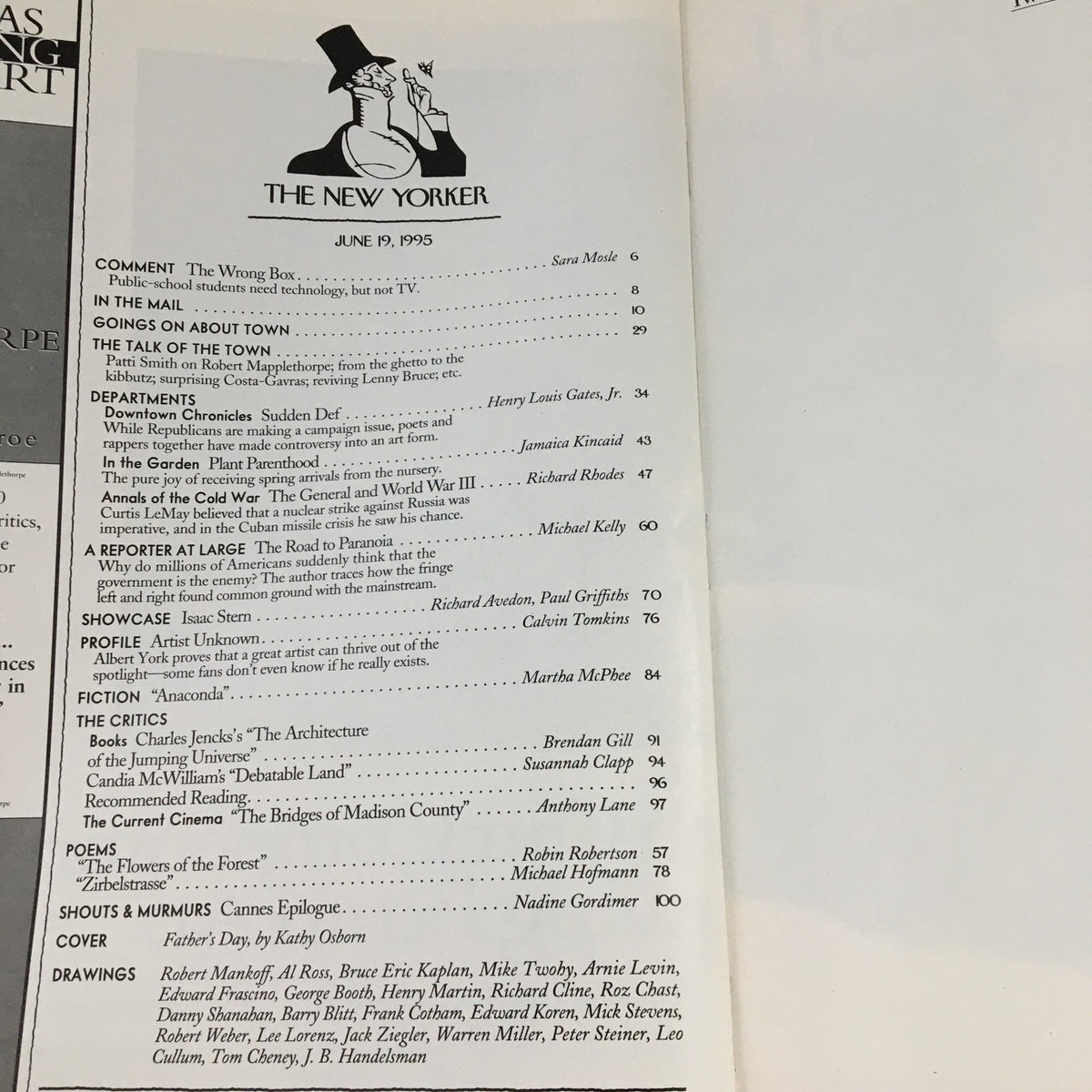 Table of contents from The New Yorker June 19 1995, outlining various sections including commentaries, features, and articles, showcasing the magazine's diverse topics.