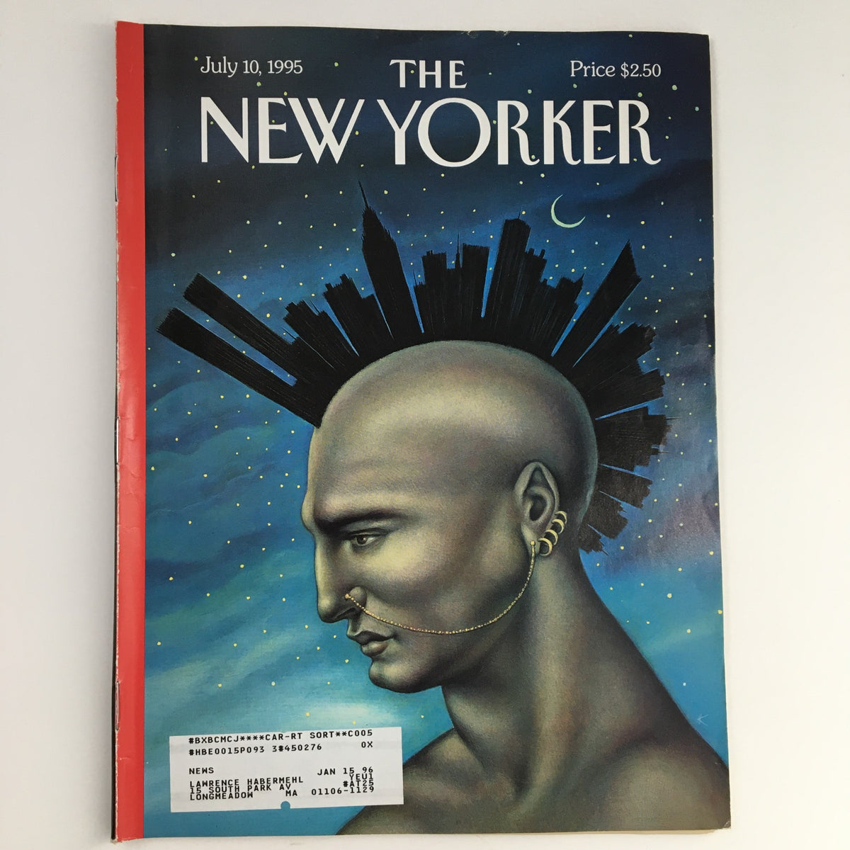 Cover of The New Yorker dated July 10, 1995, featuring an illustration by Anita Kunz, showcasing a striking portrait with a futuristic city skyline.