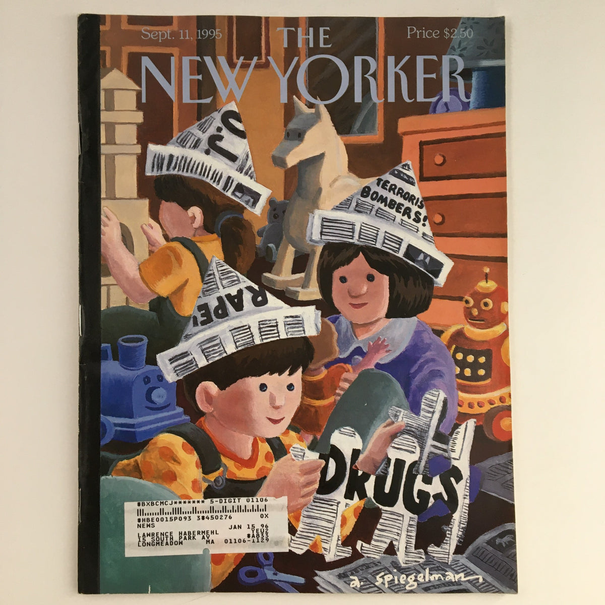 The New Yorker September 11 1995 Full Magazine Cover by Art Spiegelman featuring children with newspapers on their heads, showcasing a playful yet thought-provoking theme.