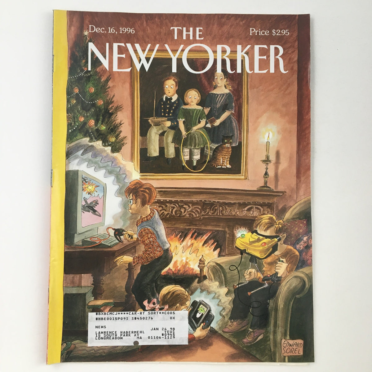 Cover of The New Yorker December 16 1996 featuring a holiday scene illustrated by Edward Sorel, showcasing children playing video games by a fireplace with a Christmas tree in the background.