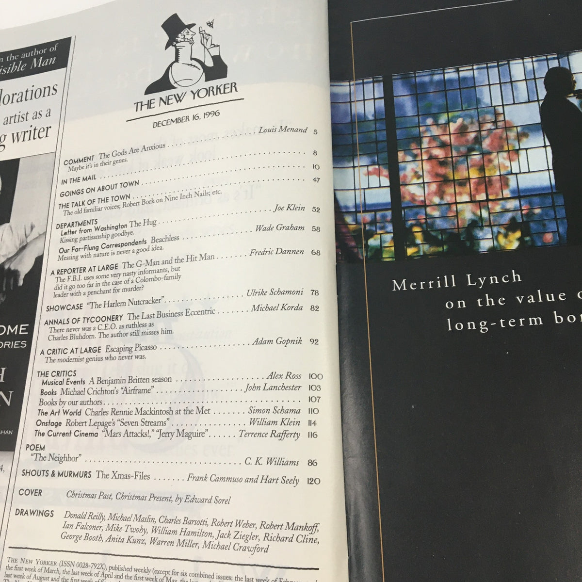 Table of contents from The New Yorker December 16 1996, featuring articles, sketches, and themes, including the iconic cover by Edward Sorel.