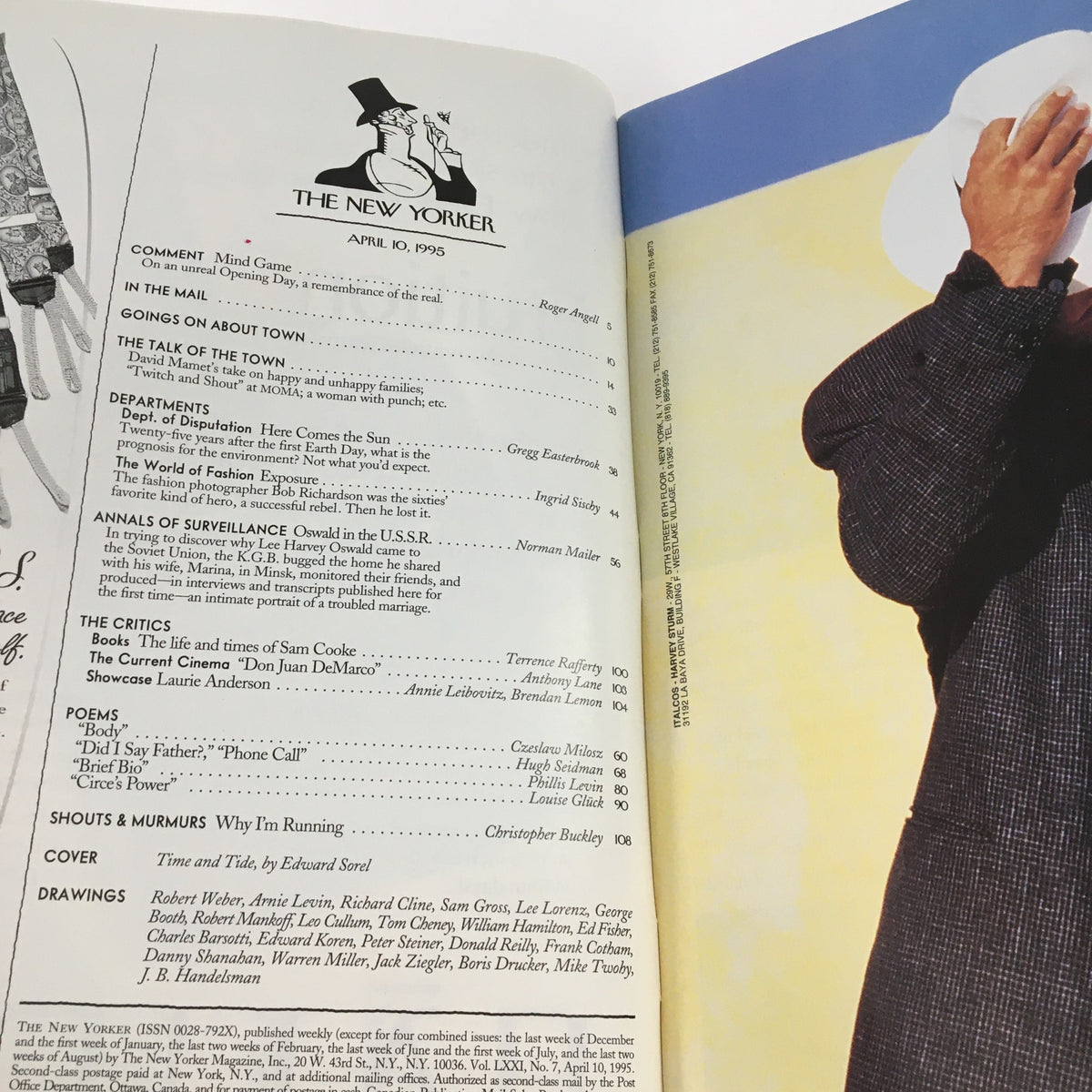 Inside view of The New Yorker April 10 1995, showcasing the table of contents and notable featured articles, reflecting the magazine's rich literary culture.