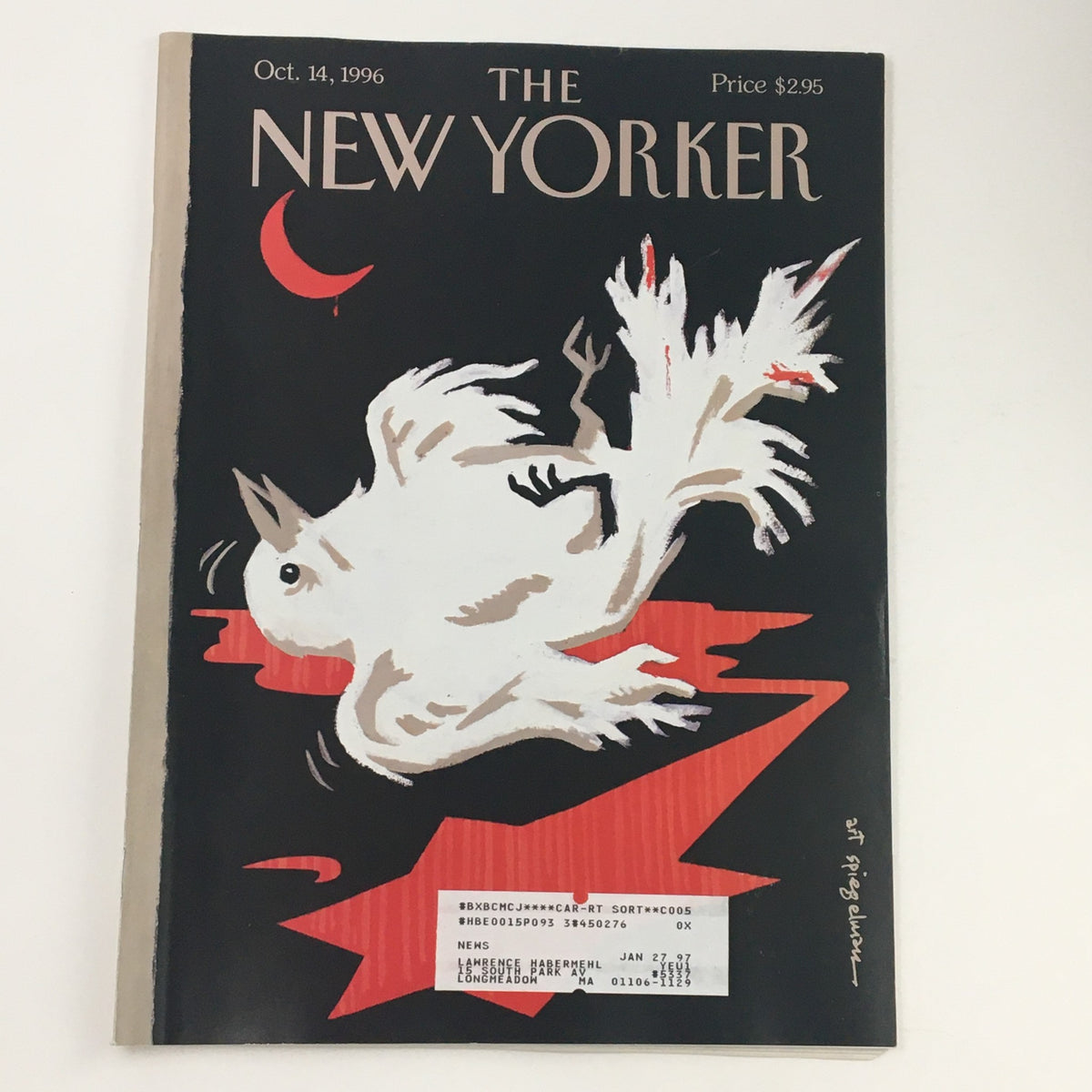 The New Yorker October 14 1996 full magazine cover designed by Art Spiegelman, featuring a distinguished artwork of a white bird against a striking black background with red accents. This vintage magazine represents the cultural and political themes of the 1990s.