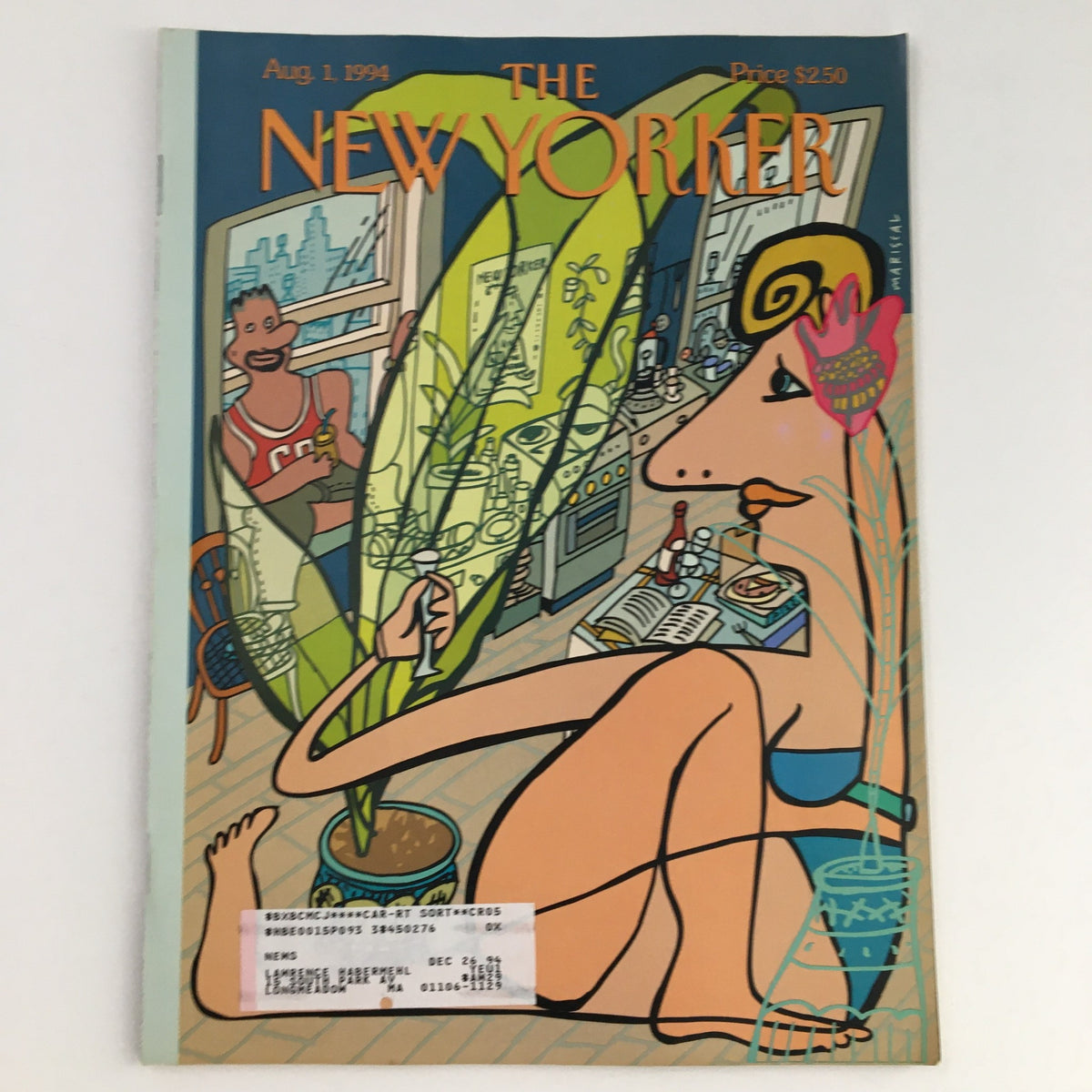 Cover of The New Yorker, August 1, 1994, featuring a vibrant illustration by Javier Mariscal, depicting a woman surrounded by plants and a lively indoor setting, showcasing the artistic essence of the early 90s.