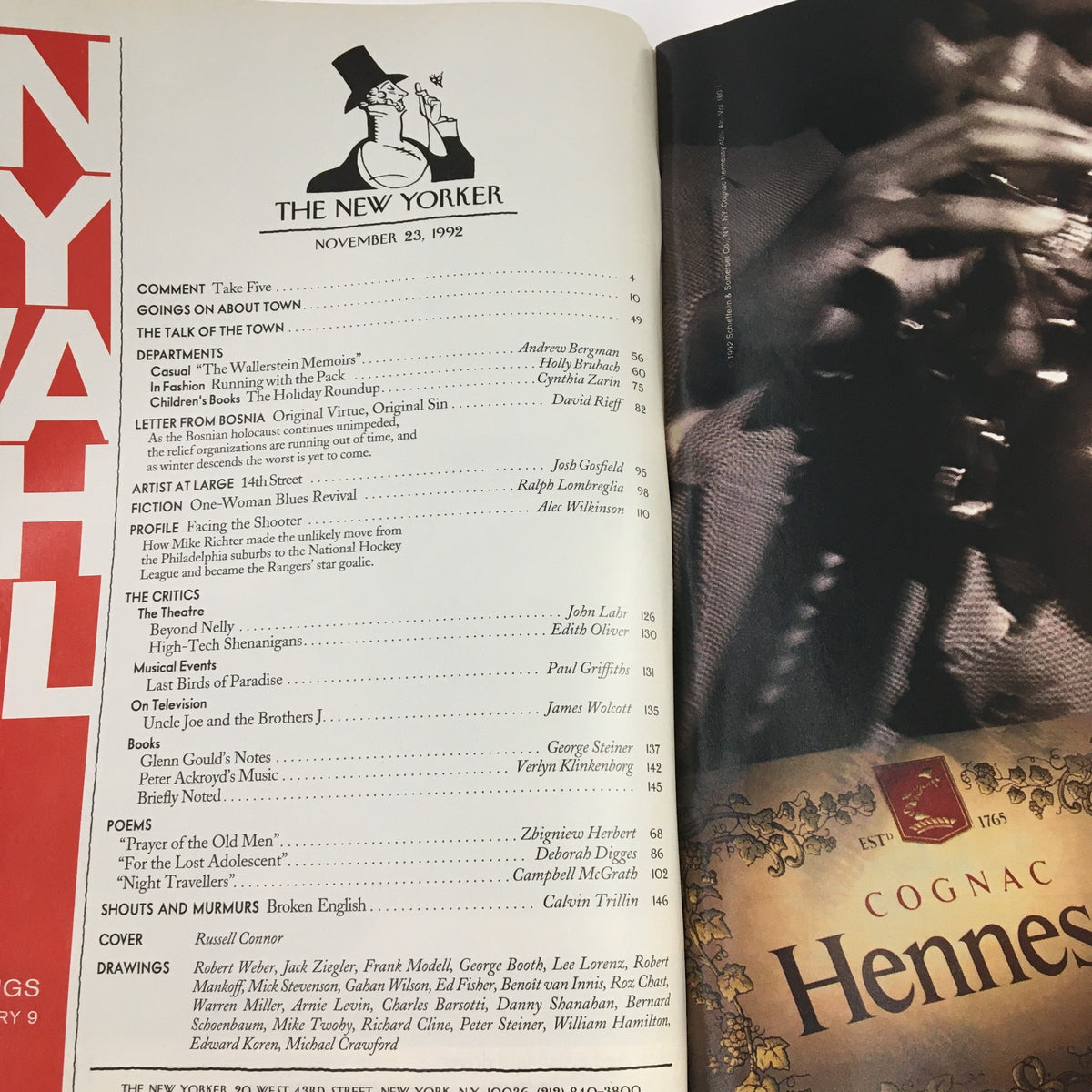 Interior page of The New Yorker November 23 1992 showcasing the table of contents with feature articles and illustrations, emphasizing the magazine's cultural commentary.