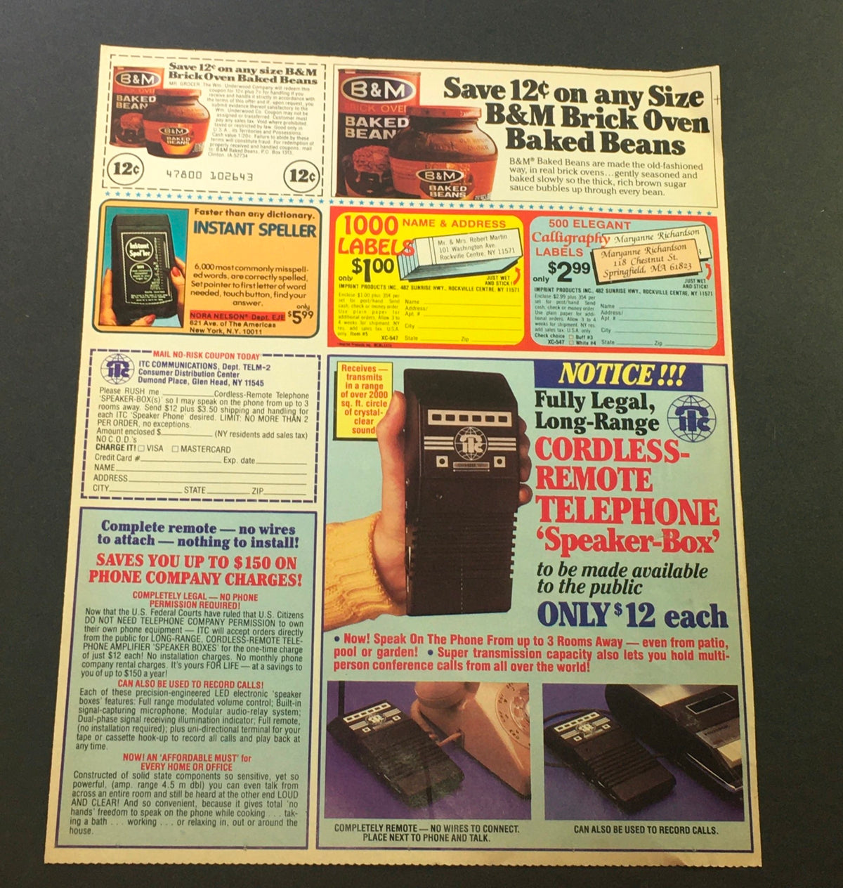 Full view of a vintage magazine ad including a variety of products, titled 'Save 12¢ on any Size B&M Brick Oven Baked Beans', showcasing offers alongside the VTG 1983 - Fuji Official Film of the Los Angeles 1984 Olympics Store Ad Coupon.