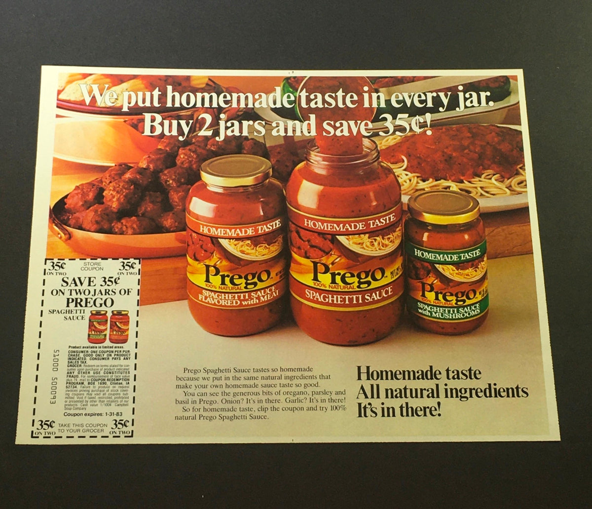 VTG 1983 Prego 100% Natural Spaghetti Sauce Flavored with Meat Print Ad Coupon featuring jars of Prego sauce and a coupon offer to buy 2 jars and save 35 cents.