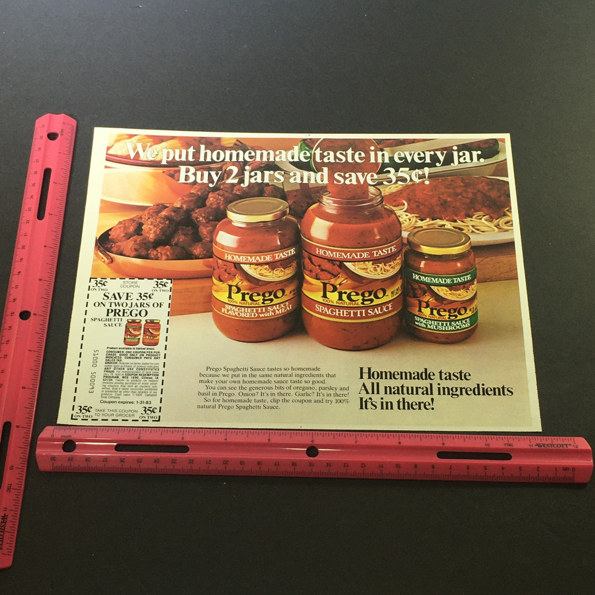 VTG 1983 Prego 100% Natural Spaghetti Sauce Flavored with Meat Print Ad Coupon highlighting jars of Prego sauce, with a ruler for size reference and a coupon offer.