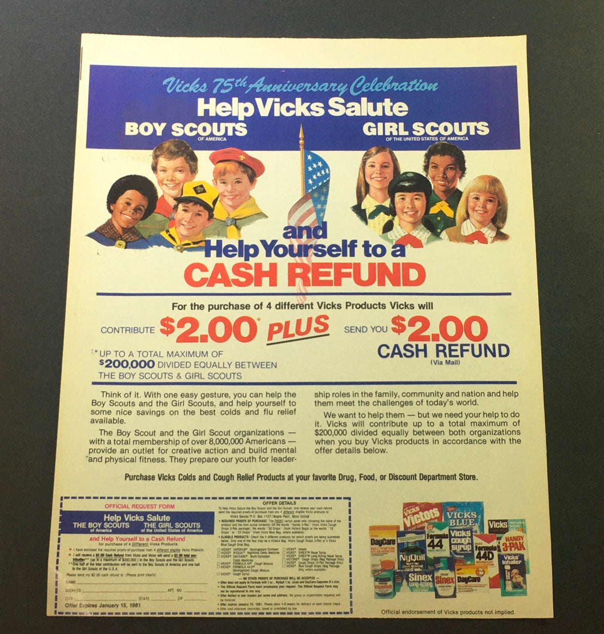 VTG 1981 Vicks Cold & Relief Cough Products Salute Boy & Girl Scouts Ad Coupon featuring children in scouting uniforms promoting Vicks products. Ideal for collectors of vintage advertisements.