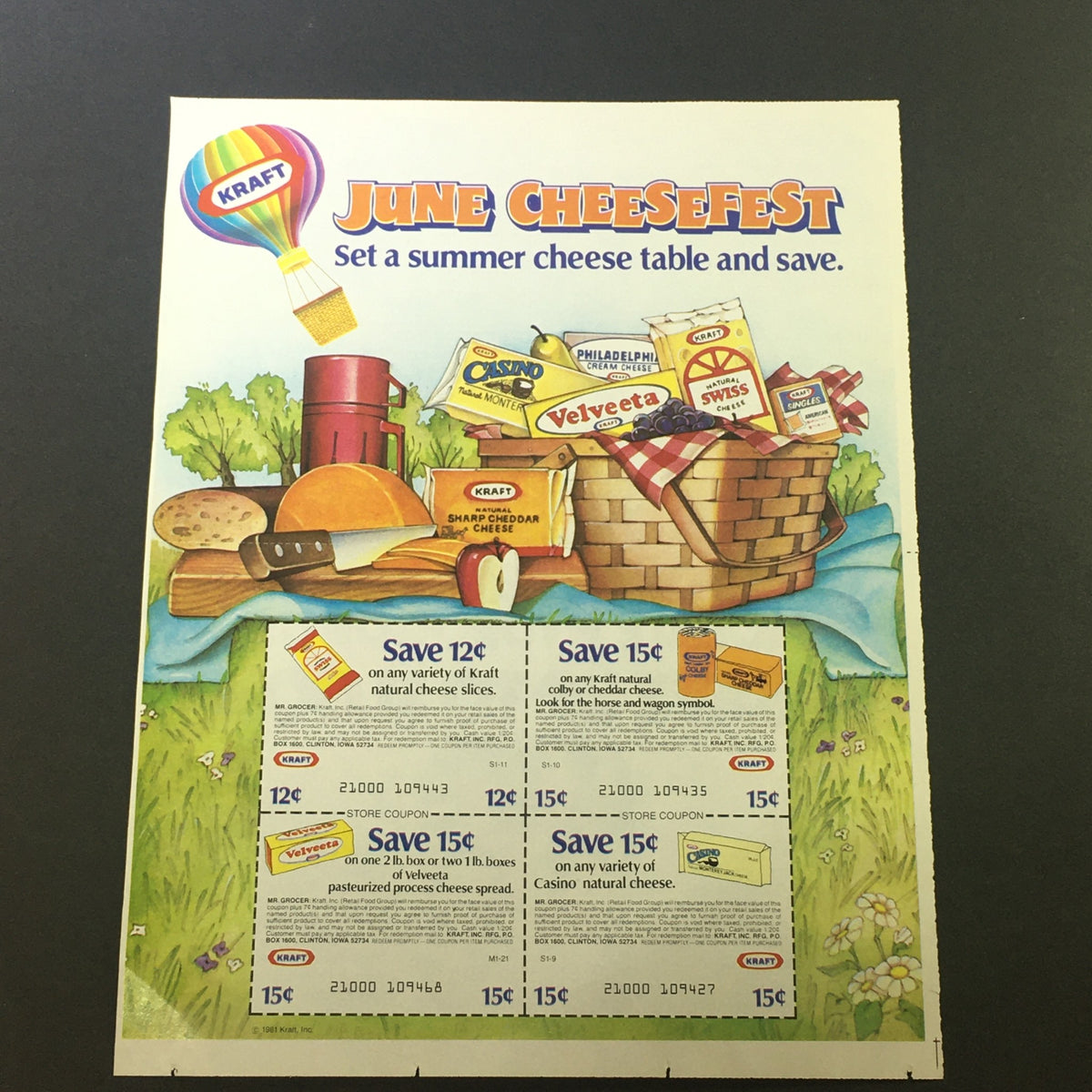 VTG 1981 Kraft Natural Colby or Cheddar Cheese June Cheesefest Print Ad Coupon featuring summer cheese table setup with various Kraft products and coupon details.