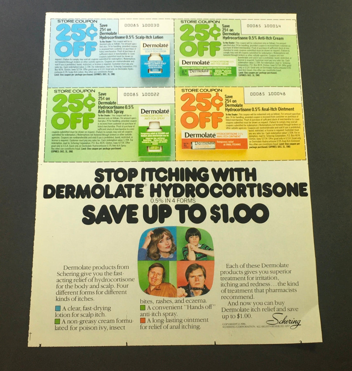 VTG 1981 Kraft Natural Colby or Cheddar Cheese June Cheesefest Print Ad Coupon showcasing a coupon for Dermolate Hydro Cortisone with promotional details.