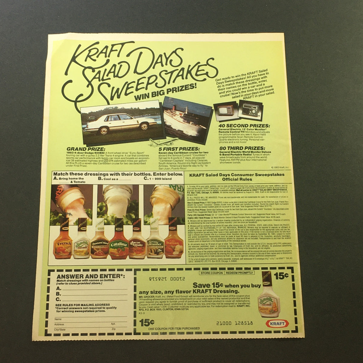 Full view of the VTG 1983 Royal Oaks Charcoal Briquets & Quaker Chewy Granola Bars advertisement coupon showcasing the Kraft Salad Days Sweepstakes details and entry instructions.