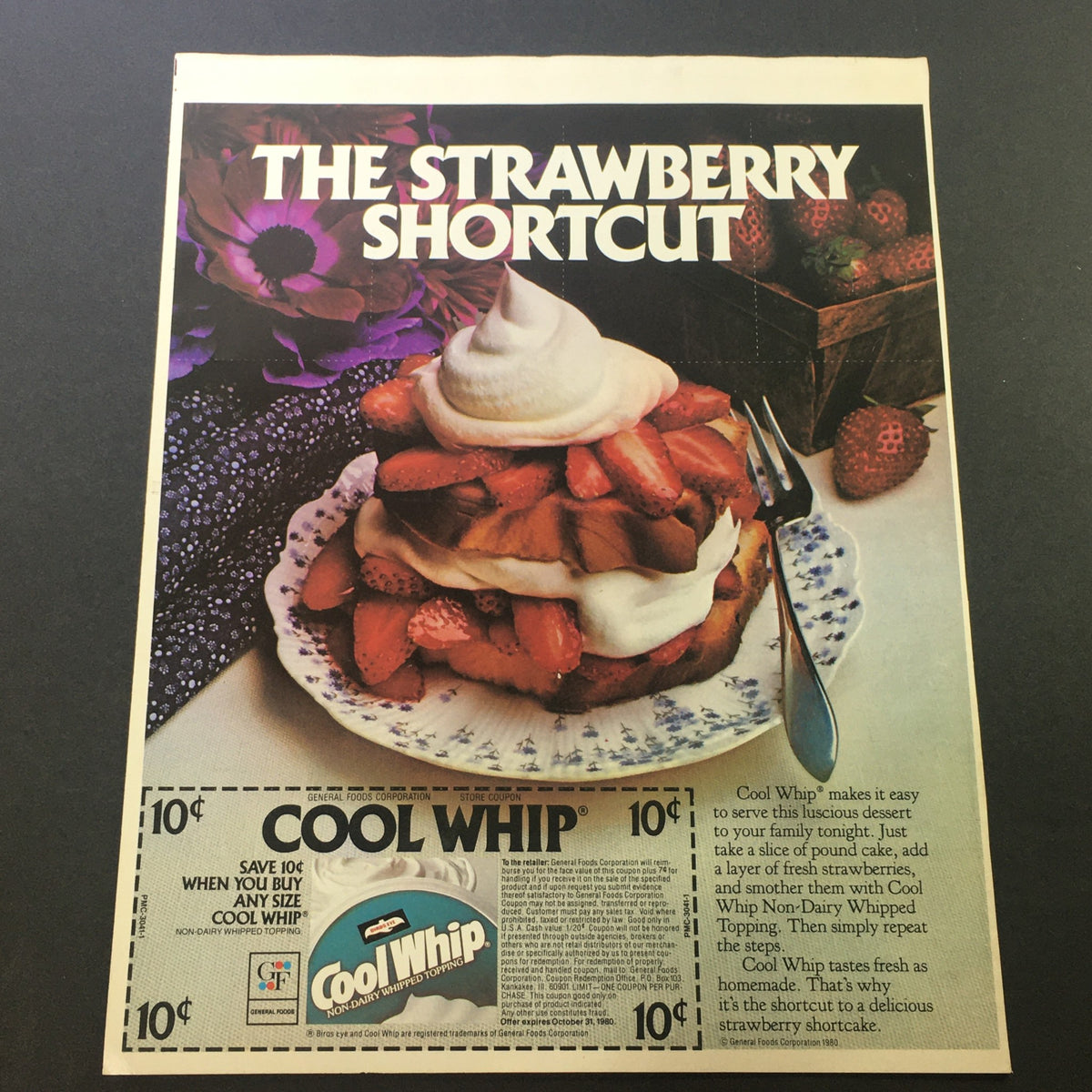 VTG 1980 Birds Eye Cool Whip Non-Dairy Whipped Topping Print Ad showing a delicious strawberry dessert adorned with whipped topping, featuring the title 'THE STRAWBERRY SHORTCUT' and a coupon offer.