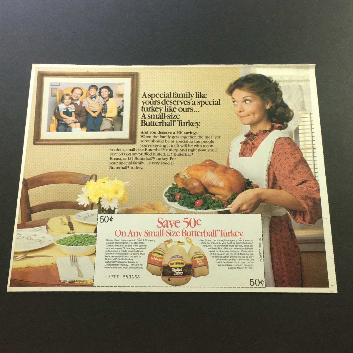 VTG 1981 Butterball Li'L Small-Sized Stuffed Turkey Print Ad featuring a cheerful woman serving a turkey, highlighting the advertisement's coupon offer of 50 cents off.
