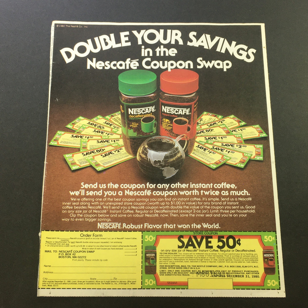 VTG 1981 Butterball Li'L Small-Sized Stuffed Turkey Print Ad showing promotional materials, including jars, and explaining the Nescafe coupon swap, with 50 cents savings highlighted.