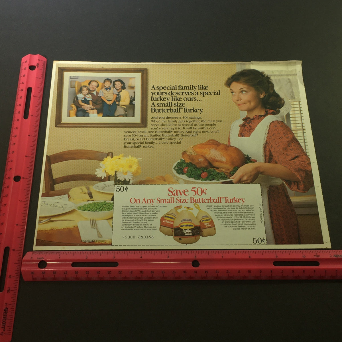 VTG 1981 Butterball Li'L Small-Sized Stuffed Turkey Print Ad with measurement tools included, displaying a woman with a turkey and promotional coupon details.